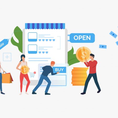 Bright sale presentation slide template Bright sale presentation slide template. People standing in front of supermarket. Vector illustration can be used for topics like sale, shopping, promotion